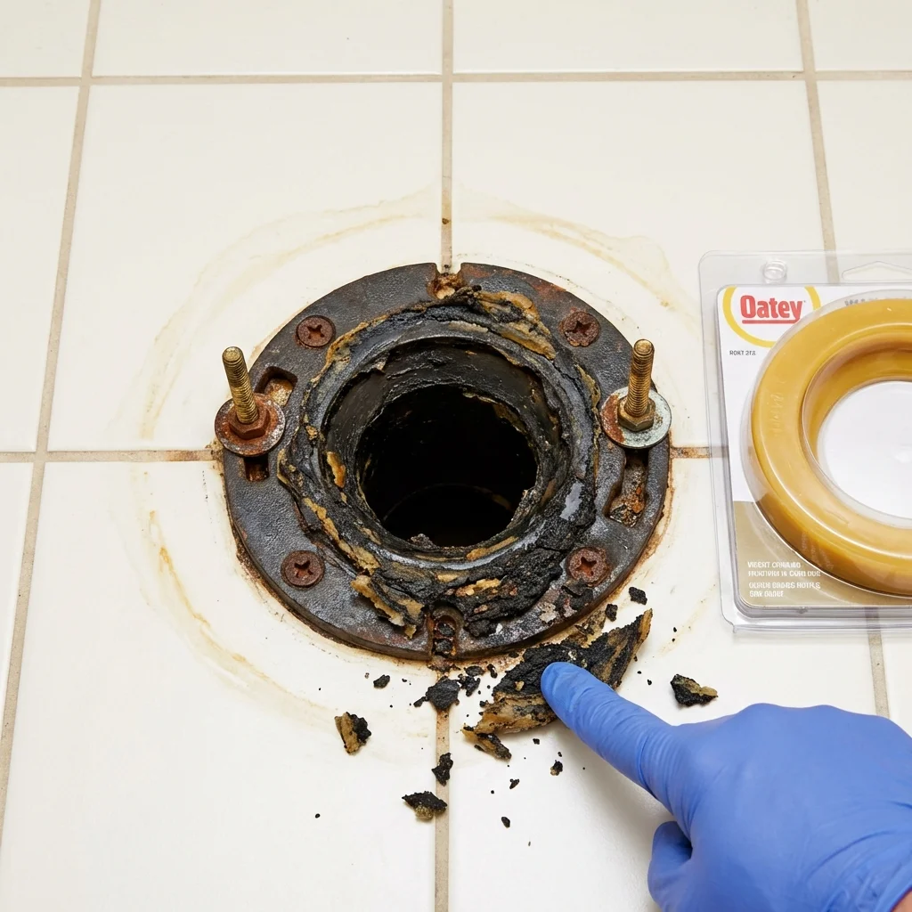 Failed wax ring showing water seepage at the base of a toilet in a Warrensburg, NY home