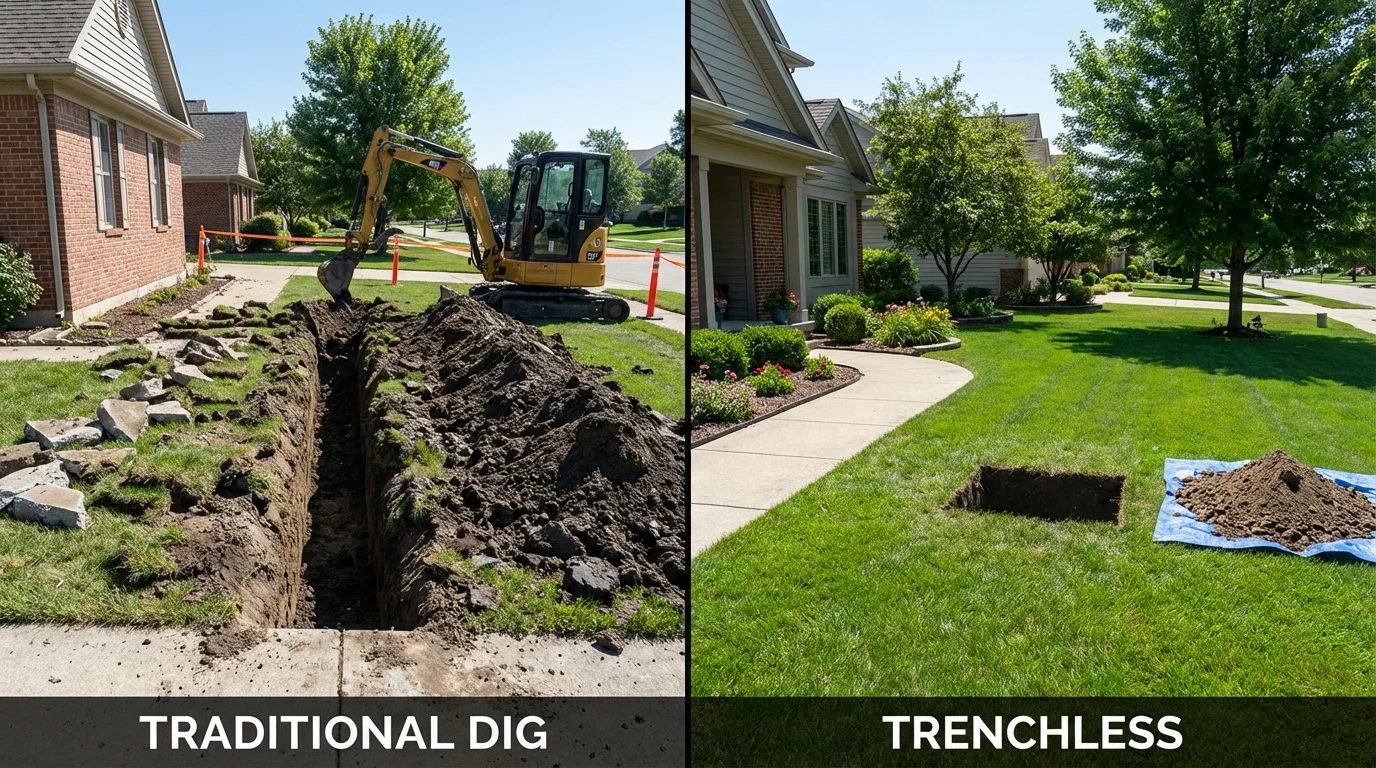Trenchless sewer repair with minimal yard damage versus traditional excavation in Warrensburg, NY