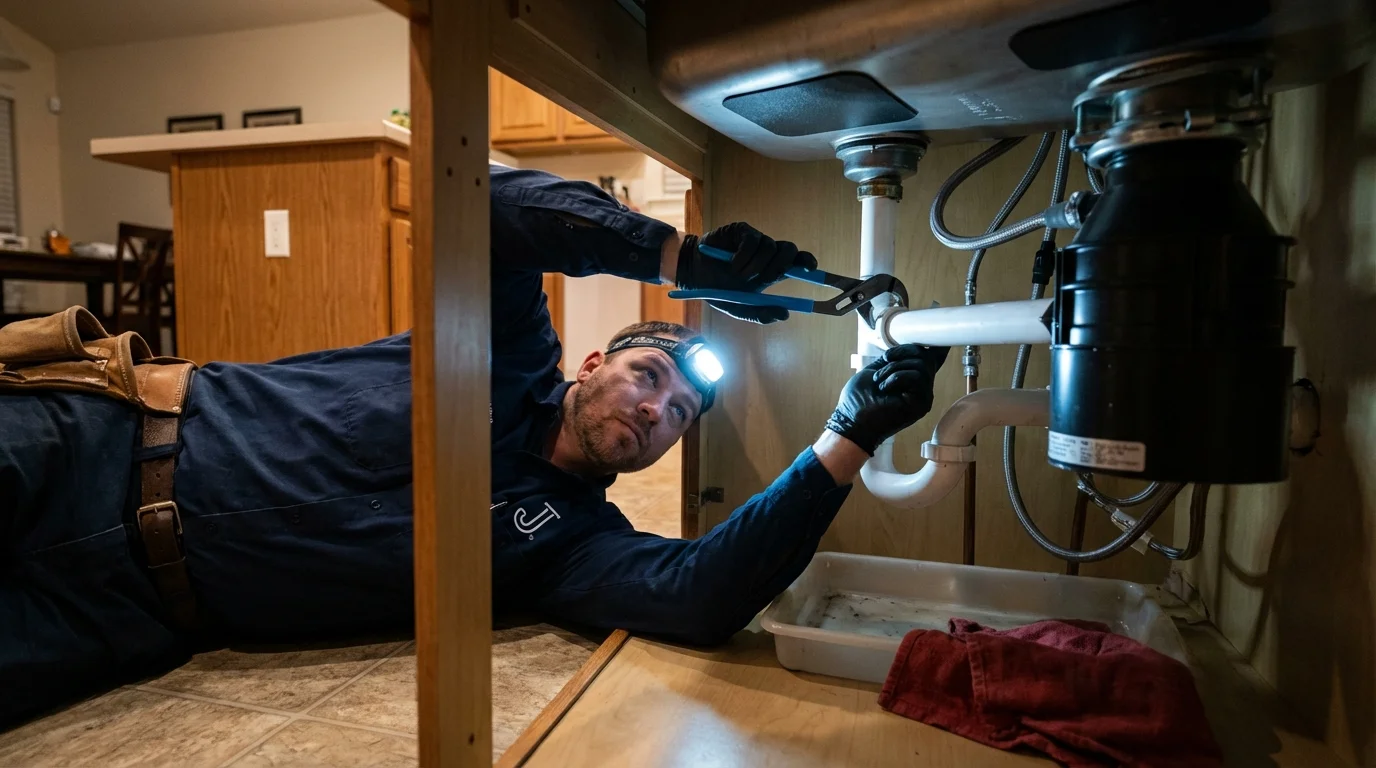 P-trap and supply line connections under a kitchen sink showing a common leak point in Warrensburg, NY